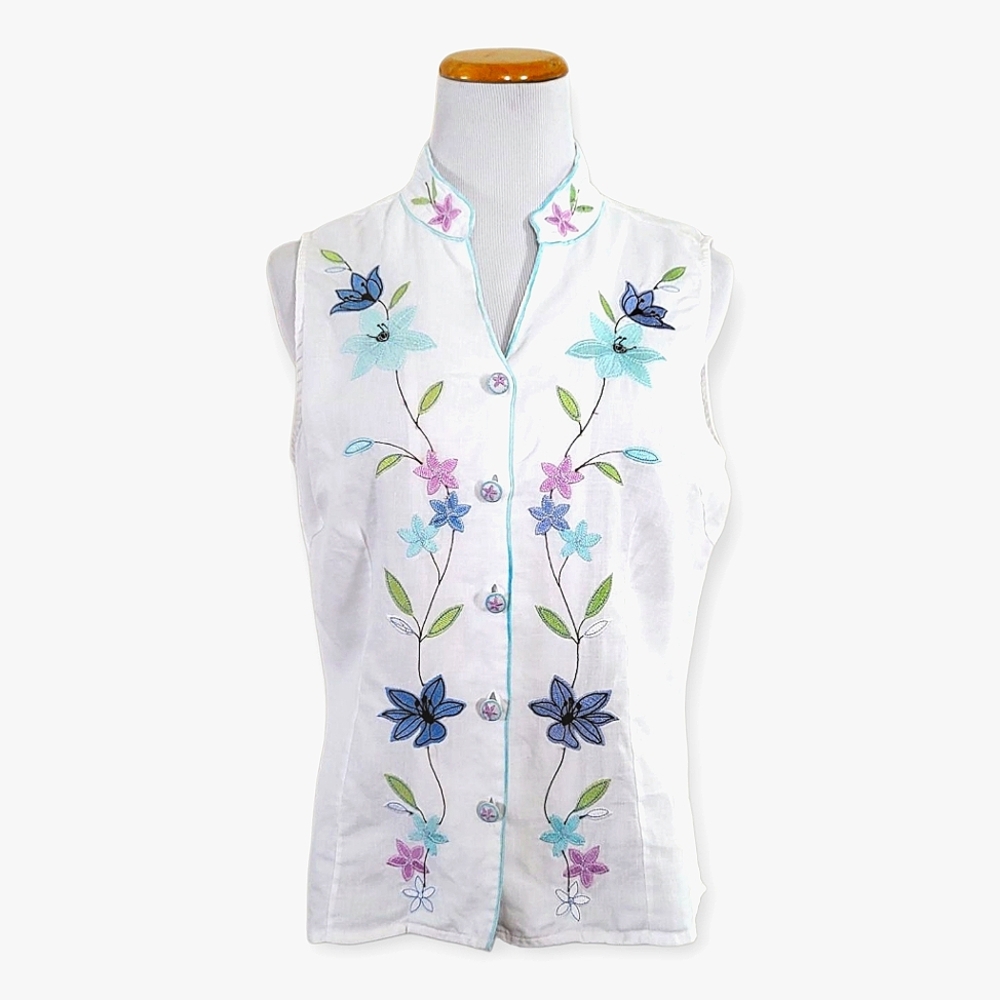 ANNE CARSON White Linen Embroidered Button-up Sleeveless Blouse